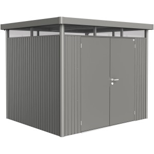Casetta da giardino in metallo Biohort HighLine, grigio quarzo metallizzato, 5,6 m² con doppia porta.