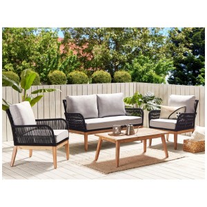 Ensemble lounge 4 places Beliani Merano, en acacia avec rotin gris et table.
