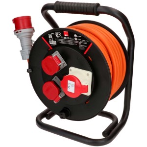 Enrouleur de câble MaxReel avec 30 m de câble, 400 V, 16 A, 2x Type 25, 1x CEE16, IP44 pour extérieur.