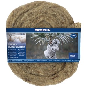 Videx Garden Schafwoll-Wickelband Natur, 10x150cm, für Frostschutz. Rolle aus Schafwolle, Etikett zeigt Palme im Schnee.
