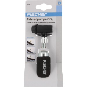 Pompe à CO2 Fischer pour pneus de vélo, compatible avec valves AV, DV et SV.