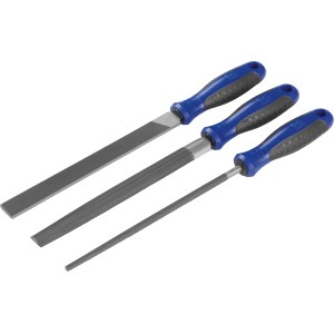 Set de limes Comfort LUX-TOOLS, 3 pièces, 200 mm, avec lime plate, ronde et demi-ronde et manches bleu-gris.