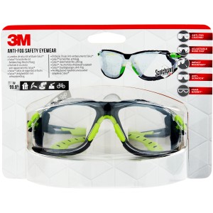 Lunettes de protection 3M Solus 1000 avec verre en polycarbonate transparent, revêtement antibuée et monture verte et noire.