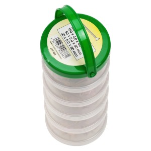 Assortiment de vis à bois à tête fraisée, entraînement PZ, différentes tailles dans un récipient transparent avec couvercle vert.
