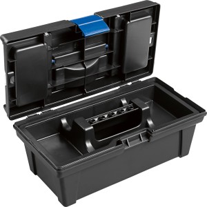 Boîte à outils LUX noire ouverte (31x17x13cm) avec organiseur dans le couvercle et plateau à outils.