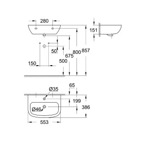 Disegno tecnico: Lavabo Grohe Bau Keramik, lavabo per mani con dimensioni.