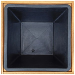 Fioriera quadrata in legno di acacia con inserto in plastica nera, vista dall'alto.