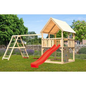 Torre gioco Karibu Luis con altalena doppia, parete da arrampicata e scivolo rosso in giardino.