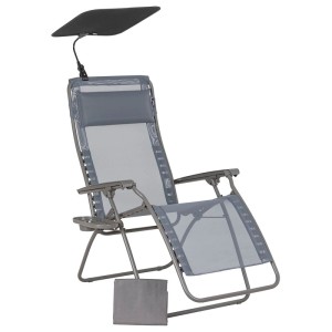 Sedia relax Lafuma Zen Edition grigia con accessori: parasole, clip per bevande e custodia.