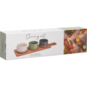 Servierset aus Steinzeug und Bambus, 4-teilig, in Anthrazit, Creme und Dunkelgrün auf Holztablett.