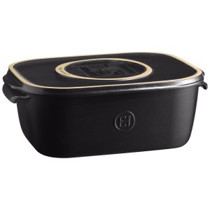 Formaggera nera in ceramica Emile Henry con coperchio e manici laterali.