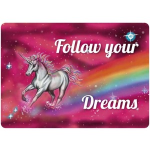 Cartolina in latta con unicorno e la scritta "Follow your dreams".