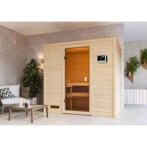 Sauna Woodfeeling Selena con porta in vetro bronzato e stufa da 9 kW con controllo esterno.