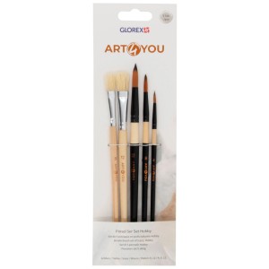 Glorex Pinsel-Set Art4you: 5 Künstlerpinsel in Verpackung, 2 Borstenpinsel, 3 Rundpinsel. Synthetikhaar, Holzgriffe.