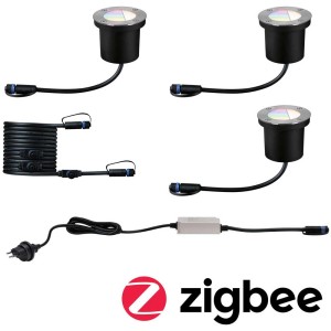 Paulmann LED faretto da incasso a pavimento Plug & Shine ZigBee RGBW Floor-Set per esterni, composto da tre faretti, trasformatore e cavo.