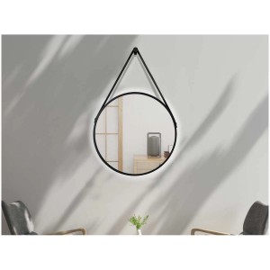 Specchio luminoso di design rotondo Silver Barbier nero opaco con cinturino.