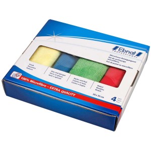 Set di pulizia con 4 panni in microfibra gialli, blu, verdi e rossi nella scatola.