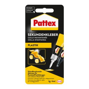 Pattex Plastix colla istantanea con attivatore, ideale per plastica e altri materiali.