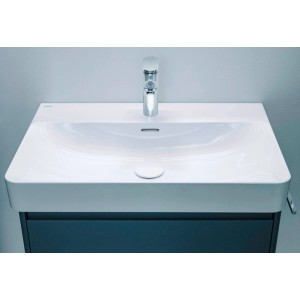 Lavabo Laufen Pro X en céramique blanche avec robinet et meuble sous-vasque pour WC invités.