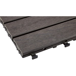 Gros plan d'une dalle clipsable WPC anthracite (30x60 cm) avec système de clipsage.