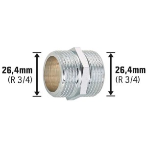 Doppio nipplo filettato in ottone cromato 26,4 mm (R 3/4) per tubi acqua e riscaldamento.