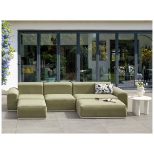 Ensemble lounge vert Beliani Battifollo, mobilier de jardin modulable avec pouf et coussin.