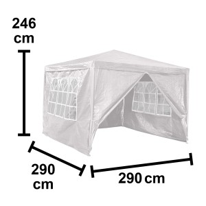 Pavillon blanc Tavares, 290x290x246 cm, avec dimensions pour jardin et terrasse.