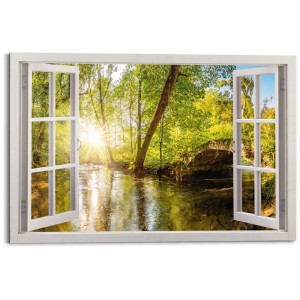 Pannello decorativo da parete con vista foresta, finestra su fiume e ponte, 60x90 cm.