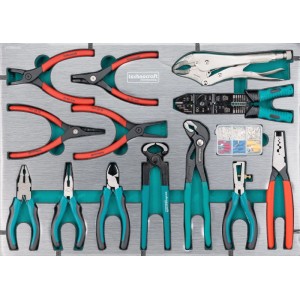 Set de pinces Technocraft pour servante d'atelier: Diverses pinces pro, pince à dénuder et connecteurs en insert mousse.