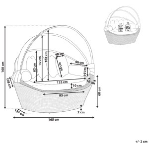 Schizzo del lettino prendisole Beliani Sylt, lounge in polyrattan bianco con dimensioni e portata.