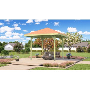 Weka Pavillon Gartenoase 651, gazebo in legno con tetto arancione in giardino.