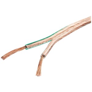 Transparentes Schwaiger Lautsprecherkabel (2x1,5 mm²) mit grüner Kennungslinie, 25 m lang.