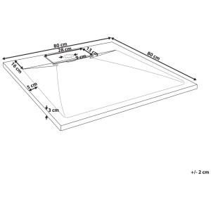 Receveur de douche Beliani Azzurro 80x80 cm: Dessin technique avec design plat, bonde latérale et hauteur 3 cm.