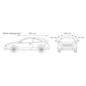 Illustration des dimensions d'un demi-garage auto bleu taille M pour par exemple VW Golf, Opel Astra.