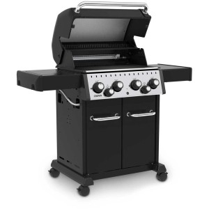 Barbecue a gas Broil King Crown 490 nero-argento con fornello laterale e girarrosto.