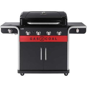 Char-Broil Gas2Coal 2.0 440 Hybridgrill mit 4 Brennern, schwarz/rot. Gas- und Holzkohlegrill in einem.
