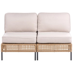 Canapé de jardin Beliani Omegana, 2 places, coussins beige clair, résine tressée. Mobilier lounge modulaire sans accoudoirs.