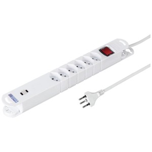 Multiprise blanche Steffen avec 6 prises T13, 2 ports USB-C et câble de 3 m.