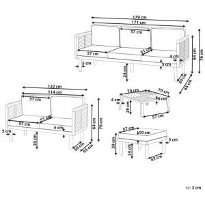 Schizzo: Set lounge Beliani Baratti, 4 pezzi, legno acacia, marrone, con dimensioni.