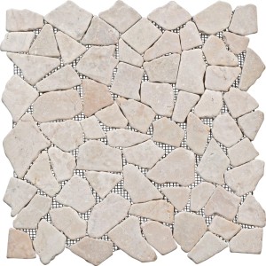 Tapis mosaïque pierre naturelle Cream 30,5x30,5 cm. Pierres beige clair irrégulières sur filet noir.