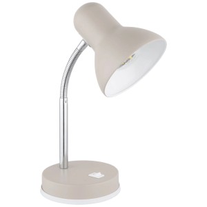 Sandfarbene LED-Tischleuchte Basic aus Metall mit Chromdetails, flexiblem Arm und Wippschalter auf rundem Fuß.