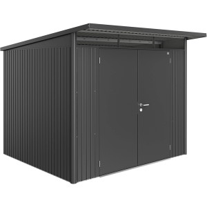 Casetta da giardino Biohort AvantGarde A6, grigio scuro metallizzato, con doppia porta. Casetta da giardino in metallo.