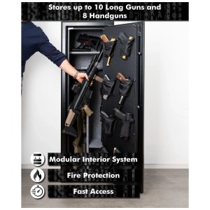 Coffre-fort pour armes longues Paladin Guardian en acier ouvert avec armes longues et pistolets.