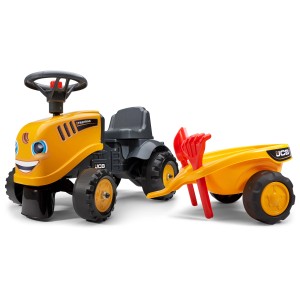Tracteur Falk JCB jaune avec remorque, pelle et râteau pour enfants dès 12 mois.