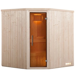 Sauna d'angle Weka Kiruna 2 avec porte en verre et poêle 4,5 kW.
