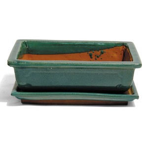 Pot à bonsaï vert avec soucoupe, Ø 25cm, pour arbres bonsaï.