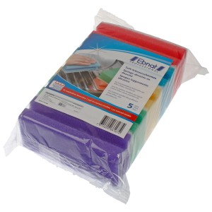 Confezione da 5 spugne abrasive delicate in colori assortiti. Ideale per superfici delicate.