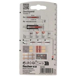 Cheville Fischer DuoXpand 10x80 mm, 4 pièces, adaptée au béton, à la maçonnerie et au béton cellulaire.
