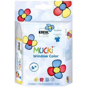 Kreul Mucki Fensterfarbe 5-tlg. Set: 4 Farben, 1 Konturfarbe und Folie für Fensterbilder.