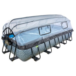 Piscine rectangulaire Exit Stone Grey avec cadre en acier, pompe et couverture. Piscine hors sol avec motif pierre.